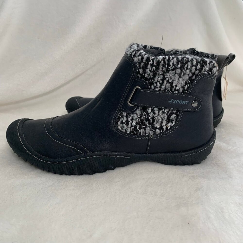 NEW J Sport Ankle Boots 11 Black Knit Trim Memory Foam Vegan Leather Bootie